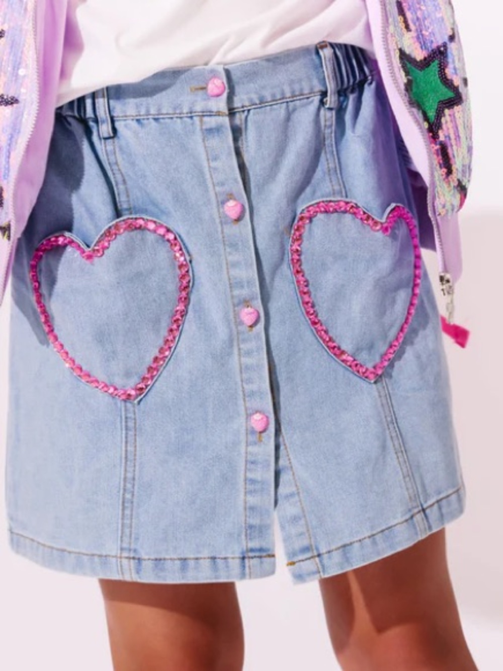 Lola + The Boys Light Denim Skirt with Pink Gem Hearts 💕